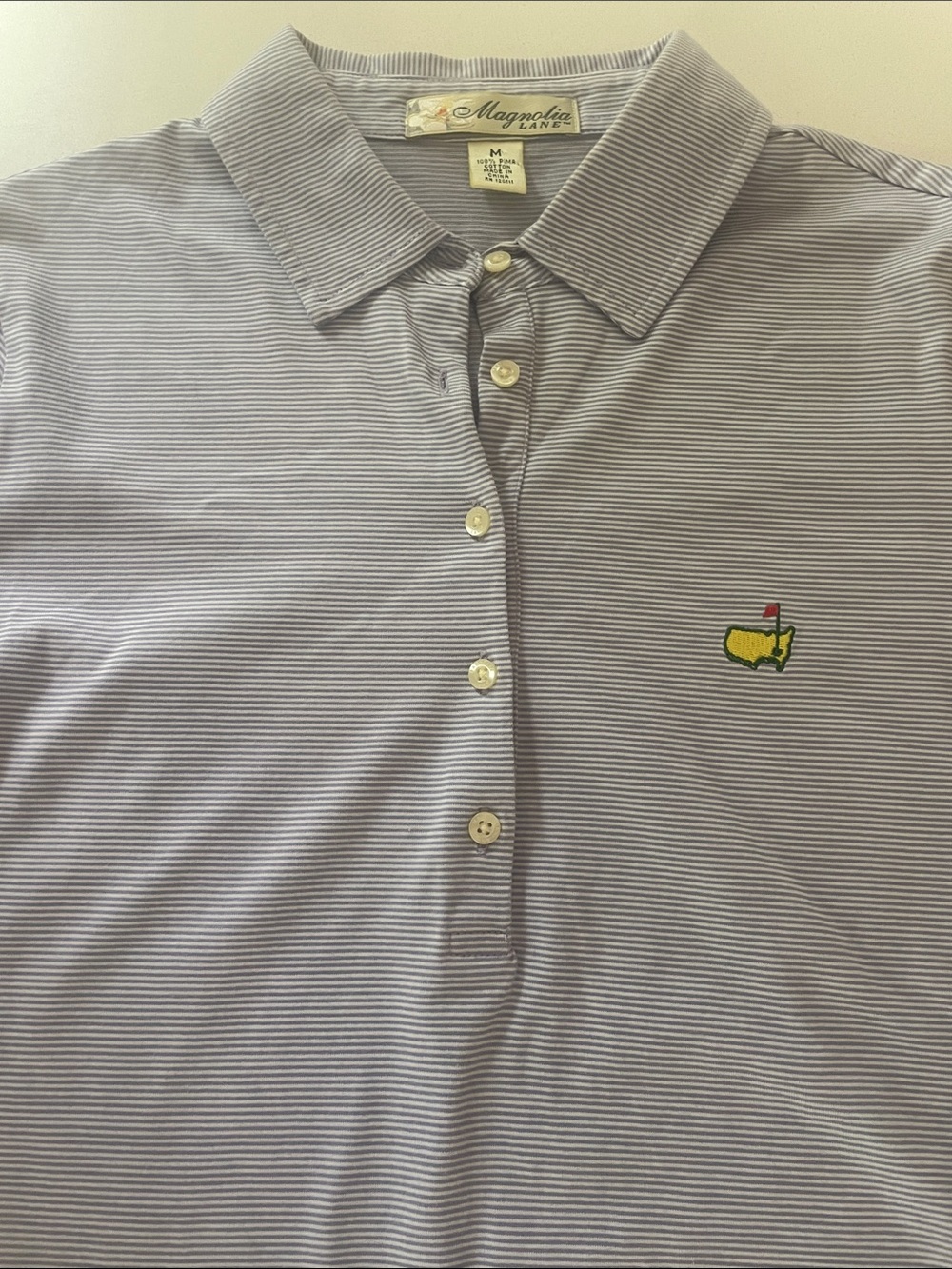 Magnolia Lane Masters Golf Polo Vintage Label Pima Cotton Purple & White Stripe - Picture 8 of 12
